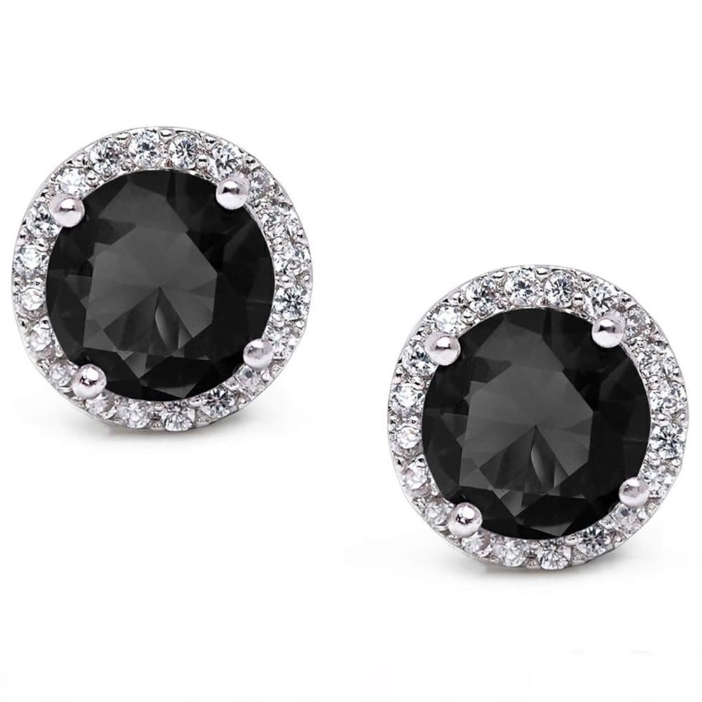 925 Sterling Silver with Black Onyx and Diamond CZ Round Halo Stud Earrings